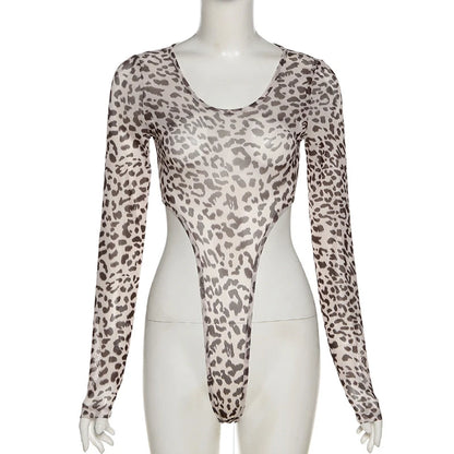 Leopard Print Skinny Bodysuit Women Rompers Sexy Slim Fit Long Sleeves U-Neck Bodycon Tops Female Jumpsuits Overalls